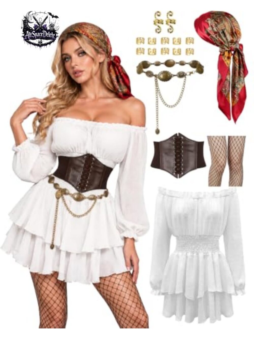 Pirate Costume Set 6 Pc Faux Leather Corset Dress Women Halloween Renaissance
